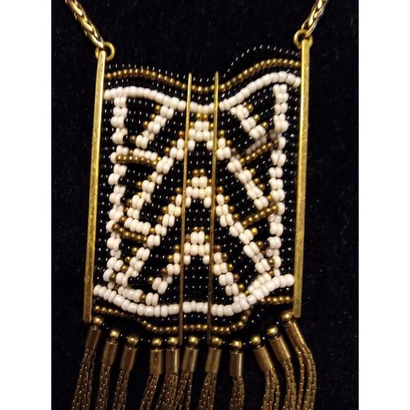 Lucky Brand Necklace Long Beaded Fringe Chest Plate Gold Black White Boho - Picture 8 of 8